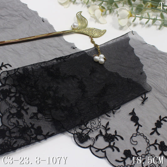 【1pack】-freedombeauty|Black Mesh Single Edge Vintage Small Flower Embroidery Lace 18cm Clothing Home Textile Lace Trim DIY
