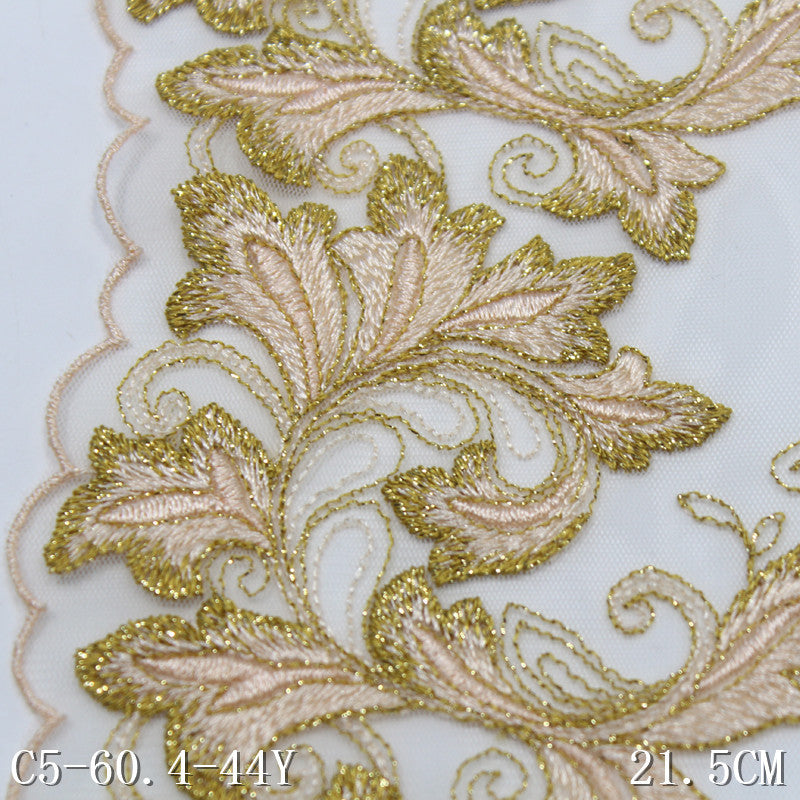 【1pack】-freedombeauty|White Mesh Single Edge Gold Thread Chinese Style Flower Embroidery Trim Curtain Sofa Cushion Lace Trim Accessories