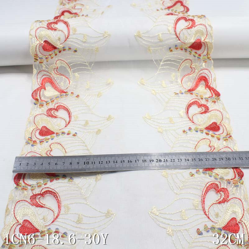 【1pack】-freedombeauty|White Washed Mesh Double-Sided Wide Heart Pattern Embroidered Lace Trim for Curtains and Clothing
