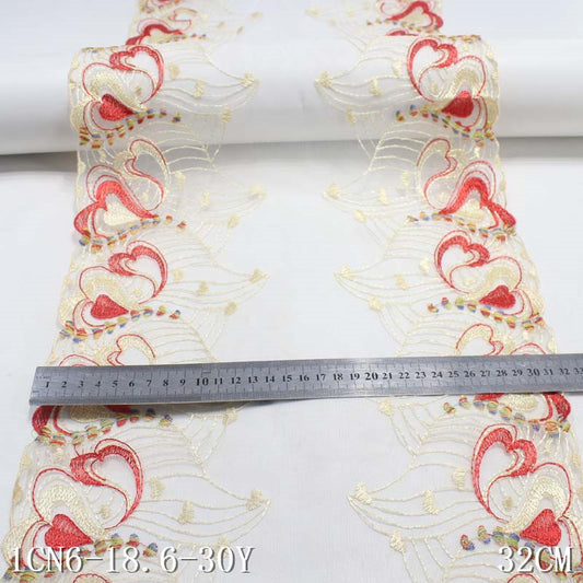 【1pack】-freedombeauty|White Washed Mesh Double-Sided Wide Heart Pattern Embroidered Lace Trim for Curtains and Clothing