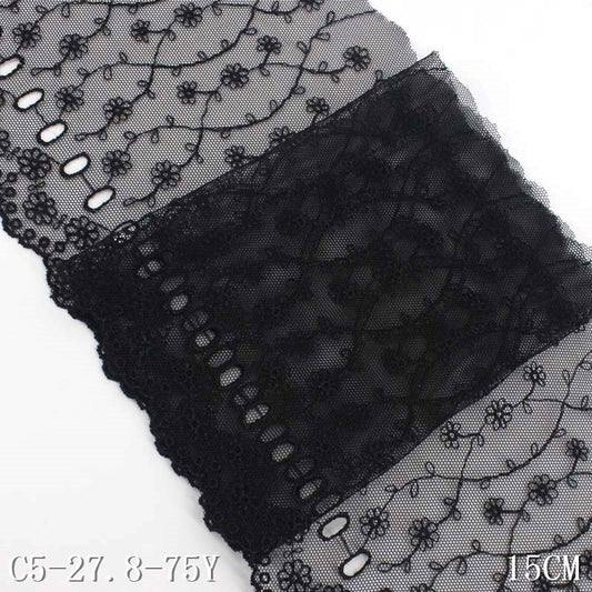 【1pack】-freedombeauty|Embroidered Lace Black Wearable Hole Width 15cm Flower 3D Embroidery Accessories DIY Handmade Clothing Materials Lace