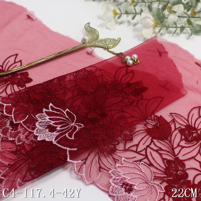 【1pack】-freedombeauty|Two-tone Single-sided Vintage Floral Mesh Embroidery Trim Clothing Home Textile 22cm Lace Trim DIY Accessories