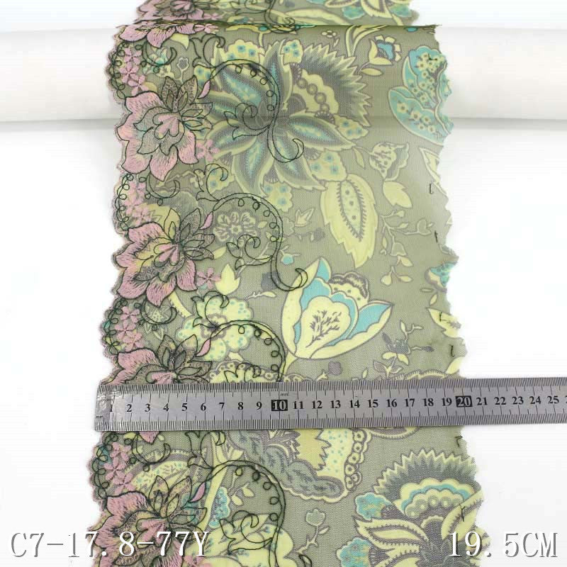 【1pack】-freedombeauty|In Stock Single Side Green Printed Mesh Base Pink Flower Performance Costume Accessories Embroidered Lace Width 19.5cm