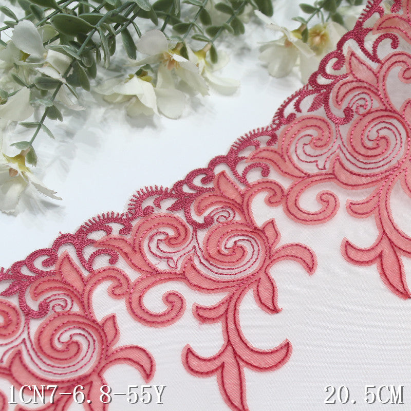 【1pack】-freedombeauty|Pink Mesh Ancient Style Single Edge Pattern Embroidery Trim Performance Costume Curtain 20cm Lace Trim Accessories