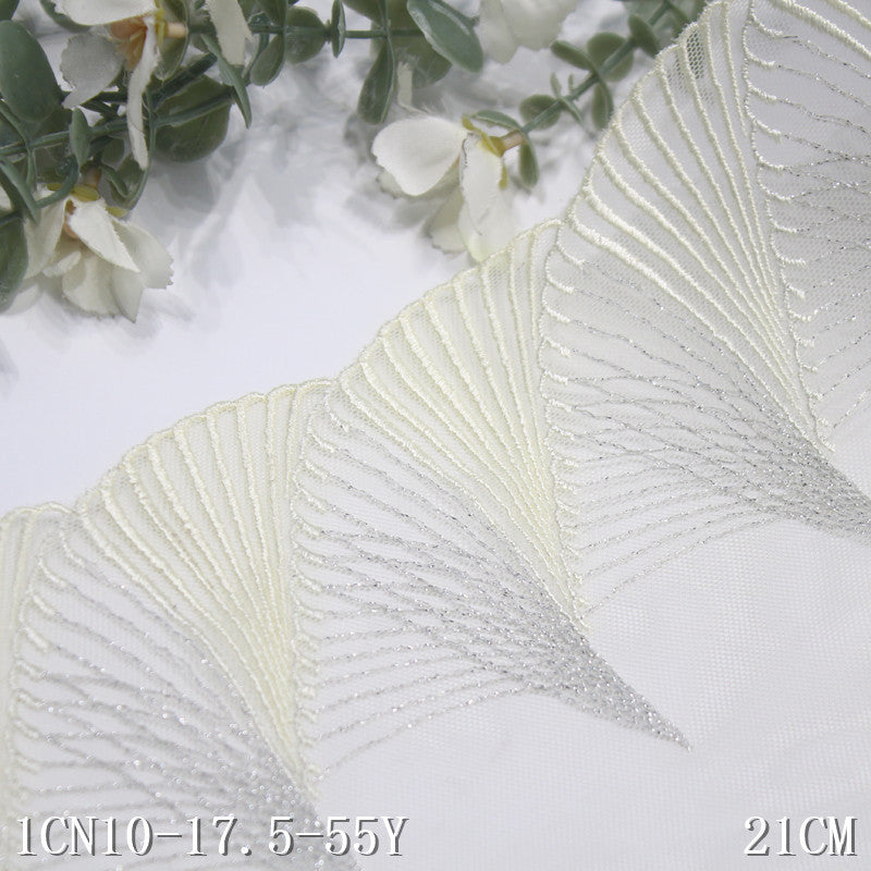 【1pack】-freedombeauty|Yellow Single-Sided Vintage Silver Thread Fan Mesh Embroidery Lace Curtain Sofa Cushion Lace Trim Accessories
