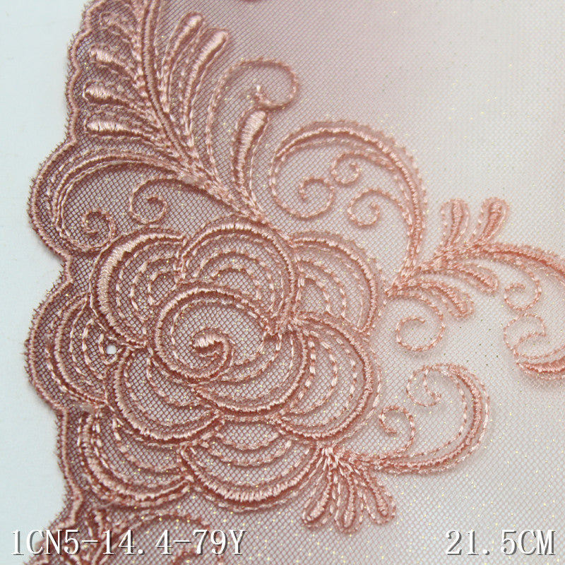 【1pack】-freedombeauty|Pink Glitter Mesh Single Edge Chinese Style Flower Embroidery Lace Trim Clothing Home Textile Lace Trim Accessories