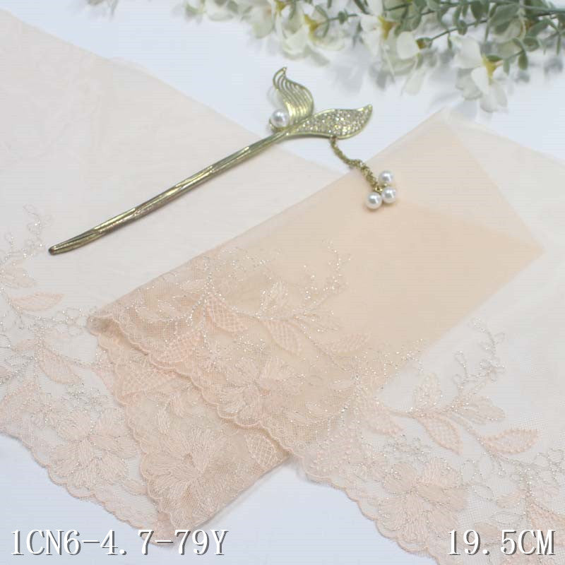 【1pack】-freedombeauty|Light Apricot Mesh Ancient Style Single Edge Silver Thread Flower Embroidery Lace Trim for Lingerie Clothing Lace Trim Accessories