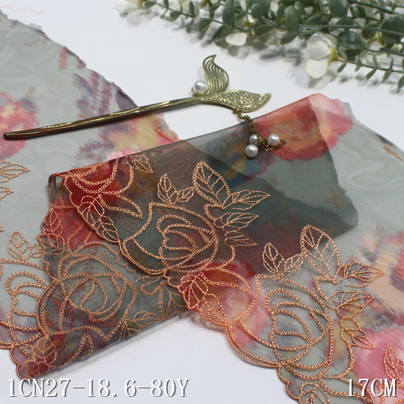【1pack】-freedombeauty|Printed Mesh Single Edge Vintage Flower Embroidery Trim 18cm Curtain Sofa Cushion Lace Trim Accessories