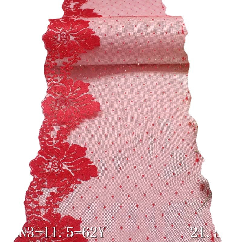 【1pack】-freedombeauty|Red Mesh Pressed Gauze Large Flower with Gold Thread and Gold Powder Embroidery Trim, Festive Curtain Trim