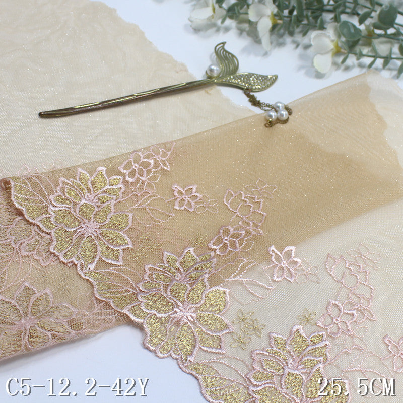 【1pack】-freedombeauty|Glitter Mesh Single and Double Side Vintage Flower Embroidery Lace 17cm Clothing Home Textile Lace Trim Accessories