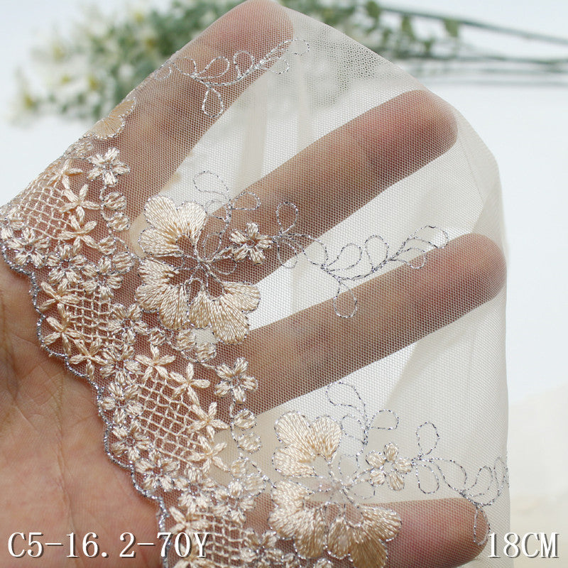 【1pack】-freedombeauty|Apricot Mesh Single Edge Silver Thread Flower Embroidery Trim 18cm Curtain Sofa Cushion Lace Trim Accessories