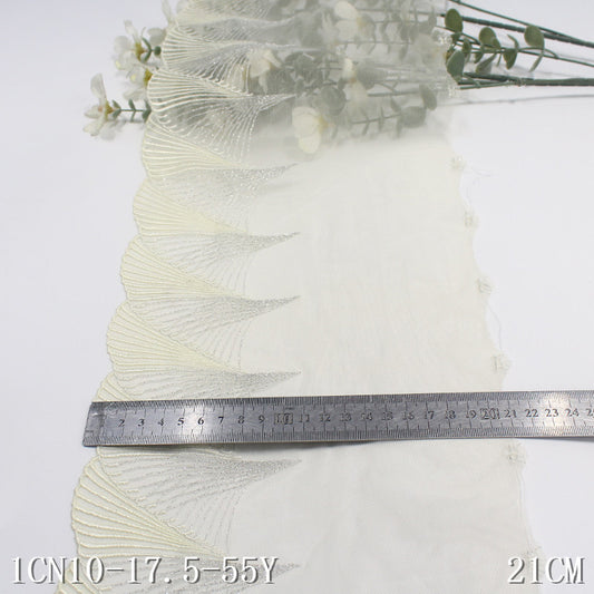 【1pack】-freedombeauty|Yellow Single-Sided Vintage Silver Thread Fan Mesh Embroidery Lace Curtain Sofa Cushion Lace Trim Accessories