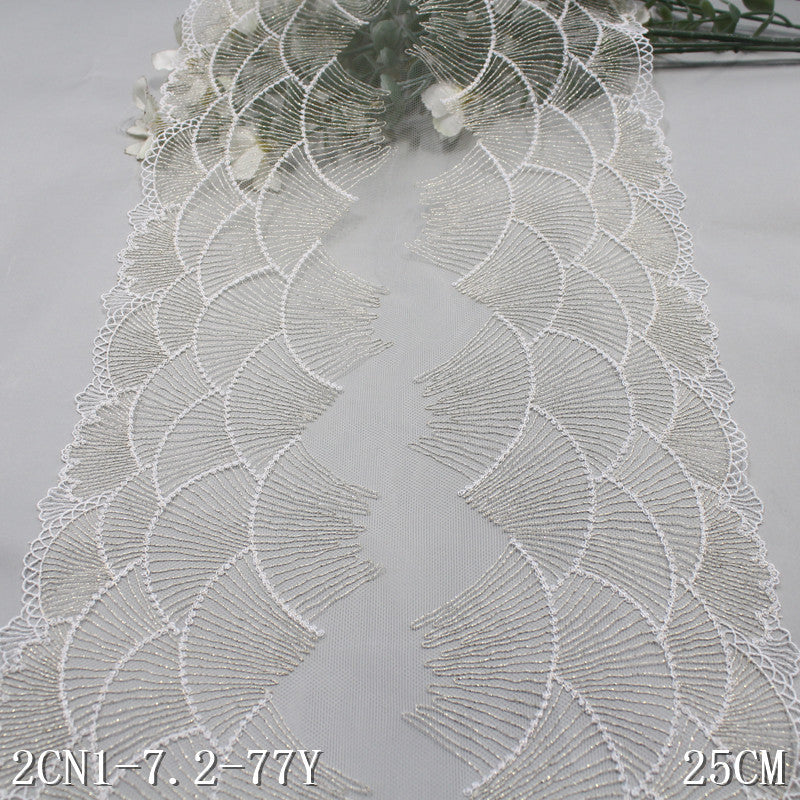 【1pack】-Freedombeauty | White Mesh Bilateral Gold Silk Shell Embroidery Lace 25cm Curtain Sofa Cushion Lace Accessories