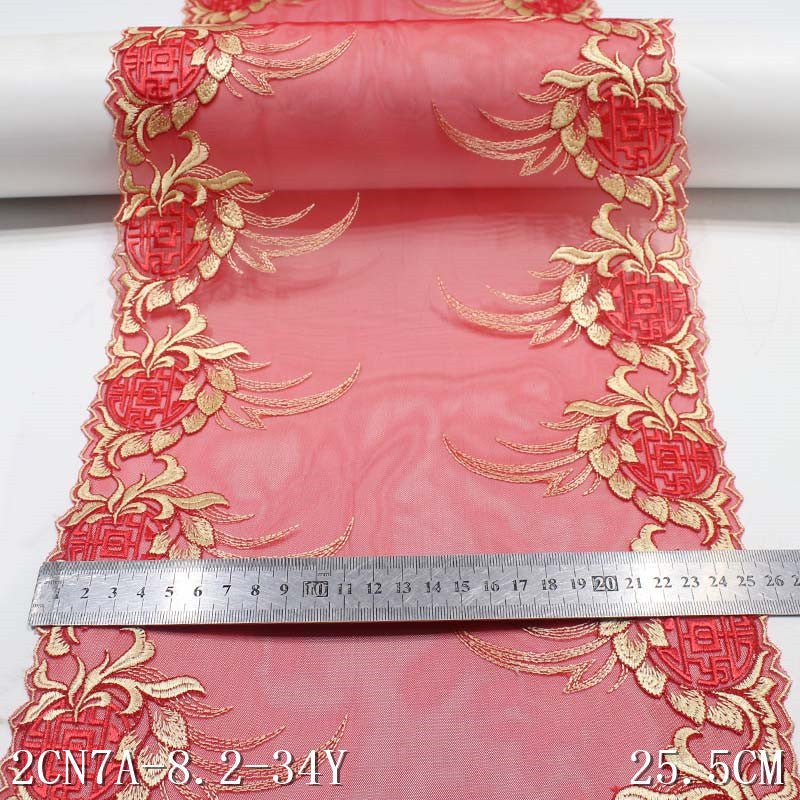 【1pack】-freedombeauty|Double-Sided Red Mesh Polyester Thread Chinese Knot Embroidery Lace Trim Curtain Festive Wedding Lace Trim