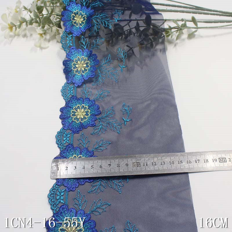 【1pack】-freedombeauty|Blue and Black Mesh Single Edge Textured Flower Embroidery Trim DIY Curtain Sofa Cushion Lace Trim Accessories