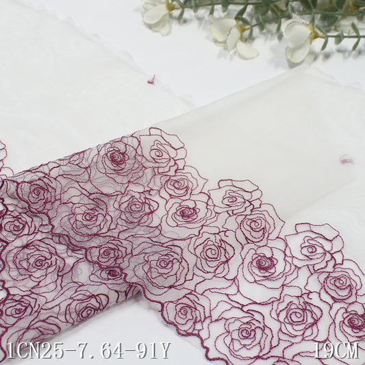 【1pack】-Freedombeauty | Pink One Side Half Rose Light Mesh Embroidery 19cm Clothing Home Textile Lace Accessories DIY