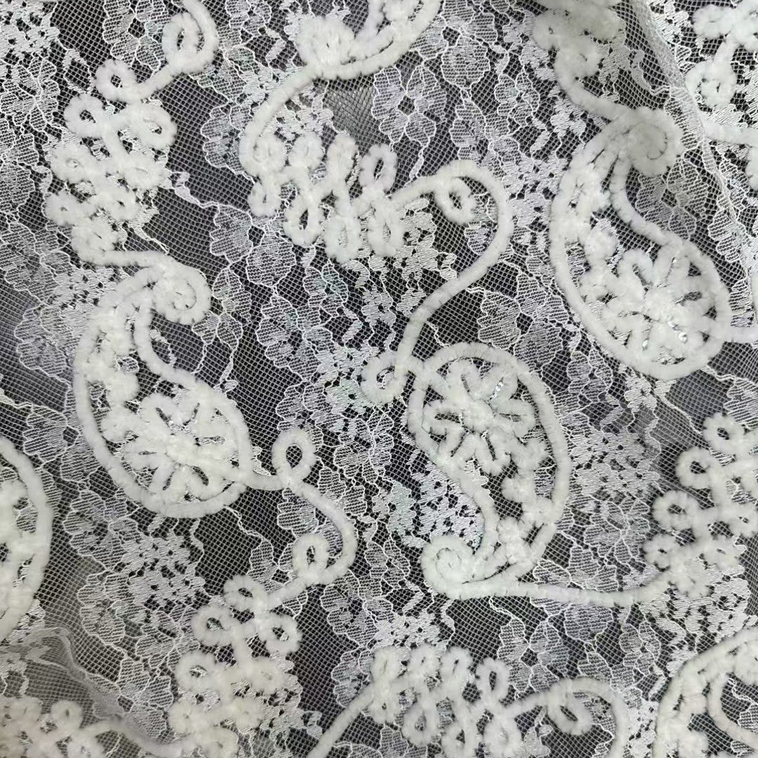 freedombeauty|Full Rope Embroidery Craft Sequin Flower Non-Stretch Chenille Lace Fabric for Women's Cheongsam Wedding Dress Loungewear Fabric