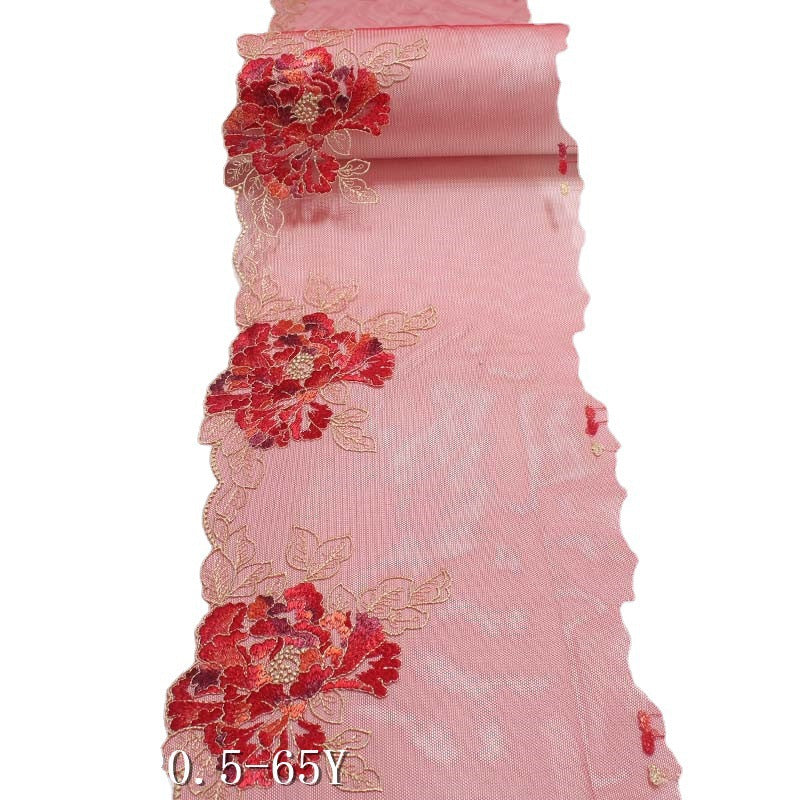 【1pack】-freedombeauty|Red Mesh Single-Sided Classic Large Flower Pattern Embroidered Lace Trim for Curtains and Lingerie