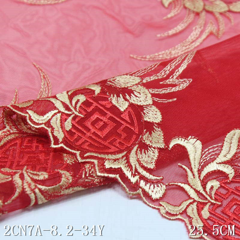 【1pack】-freedombeauty|Double-Sided Red Mesh Polyester Thread Chinese Knot Embroidery Lace Trim Curtain Festive Wedding Lace Trim