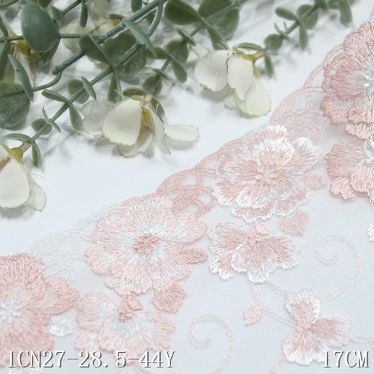 【1pack】-Freedombeauty | Pink Mesh Unilateral Vintage Flower Embroidery Lace 17cm Clothing Home Textile Lace Accessories DIY