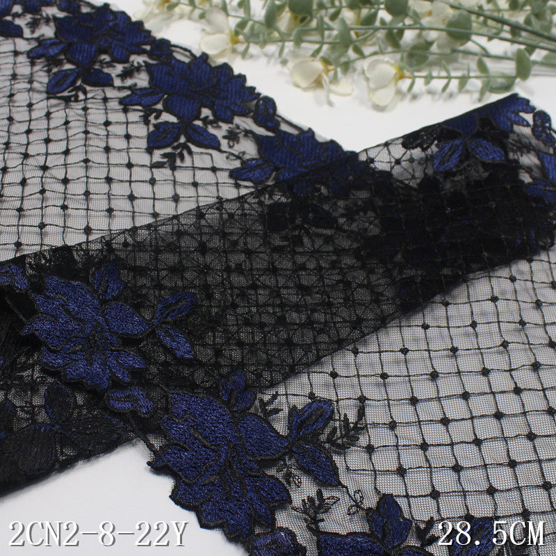 【1pack】-freedombeauty|Black Plaid Mesh Retro Double-Sided Blue Flower Embroidery Lace Trim Performance Costume Decoration Lace Trim Accessories