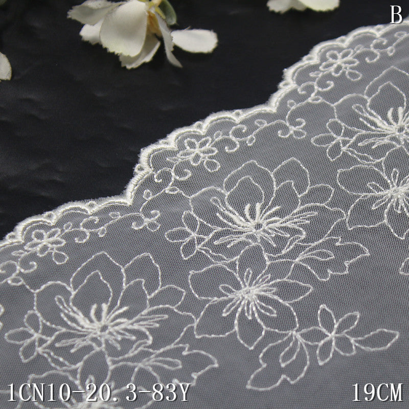 【1pack】-Freedombeauty | White Single-Side Retro Flower Light Mesh Embroidery 19cm Clothing Home Textile Lace Accessories