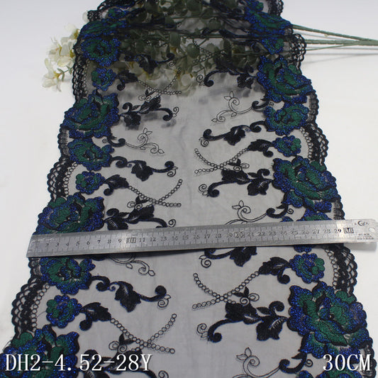 【1pack】-freedombeauty|Black Vintage Double-Sided Silver Thread Flower Embroidery Trim Curtain Clothing 30cm Lace Trim DIY Accessories