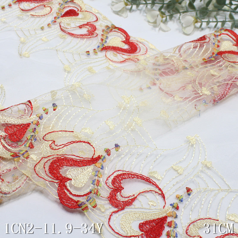 【1pack】-freedombeauty|White Washed Mesh Double-Sided Wide Heart Pattern Embroidered Lace Trim for Curtains and Clothing