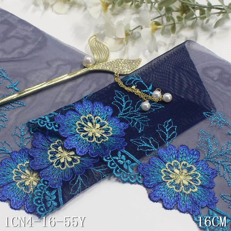 【1pack】-freedombeauty|Blue and Black Mesh Single Edge Textured Flower Embroidery Trim DIY Curtain Sofa Cushion Lace Trim Accessories