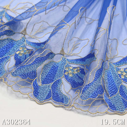 【1pack】-freedombeauty|Blue Mesh Polyester Gradient Color Flower Embroidery Trim Accessories Curtain Decoration Lingerie Trim