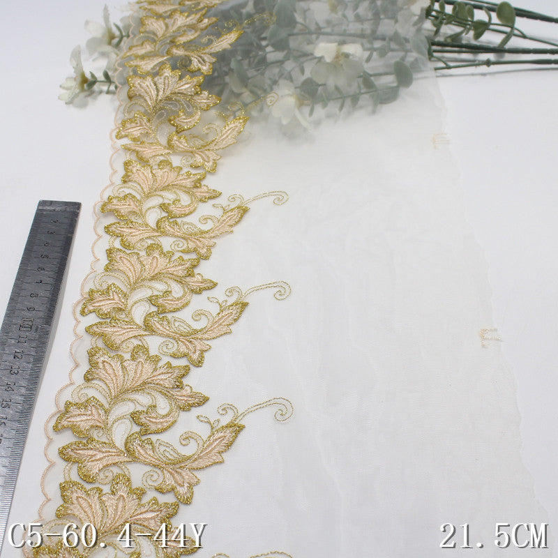【1pack】-freedombeauty|White Mesh Single Edge Gold Thread Chinese Style Flower Embroidery Trim Curtain Sofa Cushion Lace Trim Accessories