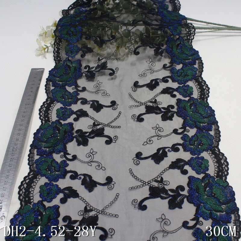 【1pack】-freedombeauty|Black Vintage Double-Sided Silver Thread Flower Embroidery Trim Curtain Clothing 30cm Lace Trim DIY Accessories