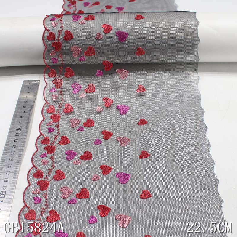 【1pack】-freedombeauty|Premium Black Mesh Colorful Polyester Thread Heart Embroidery Lace DIY Lingerie Performance Costume Lace Accessories