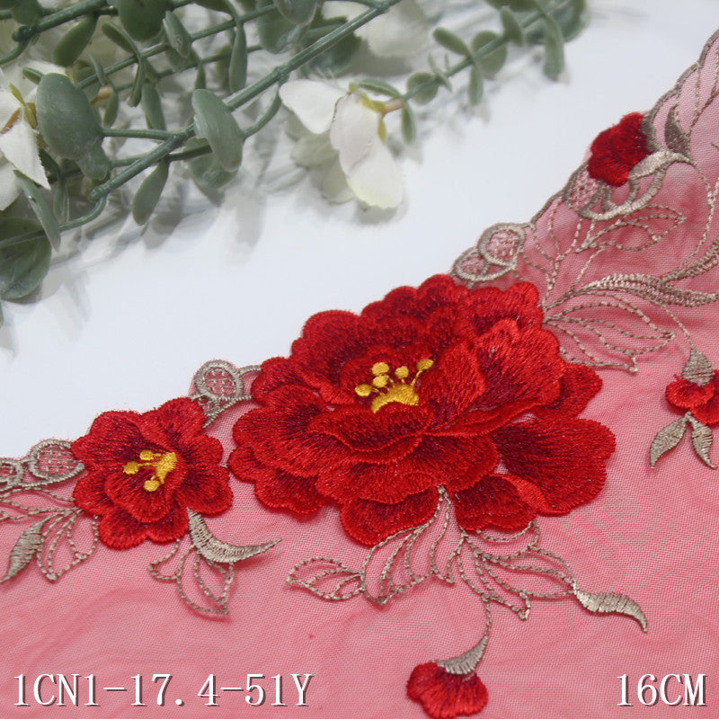 【1pack】-freedombeauty|Red Single-Sided Chinese Style Exquisite Flower Mesh Embroidery 16cm Clothing Home Textile Lace Trim DIY