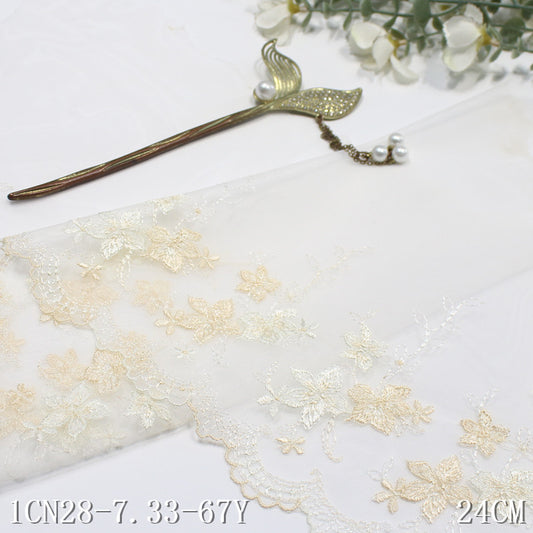 【1pack】-freedombeauty|Beige Mesh French Style Single-Sided Small Flower Embroidery Lace Trim 24cm Clothing Home Textile Lace Trim DIY Accessories