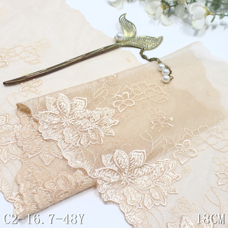 【1pack】-Freedombeauty | Apricot Glitter Mesh Single Side Vintage Flower Embroidery Lace Clothing Home Textile Lace Accessories DIY