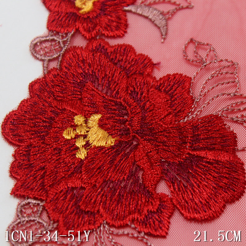 【1pack】-freedombeauty|Red Single-Sided Classic Chinese Style Exquisite Peony Mesh Embroidery Cheongsam Clothing Accessories Wedding Dress Headwear DIY