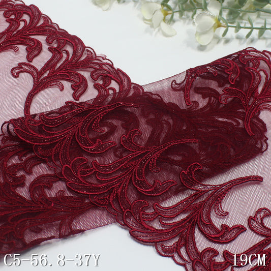 【1pack】-freedombeauty|Red Double-Sided Textured Gold Thread Pattern Mesh Embroidery 19cm Curtain Sofa Cushion Lace Trim Accessories
