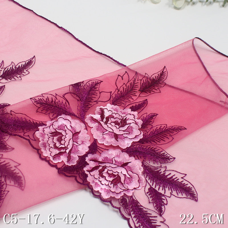 【1pack】-freedombeauty|Rose Red Single-Sided Textured Vintage Flower Mesh Embroidery Curtain Sofa Cushion Lace Trim DIY Accessories