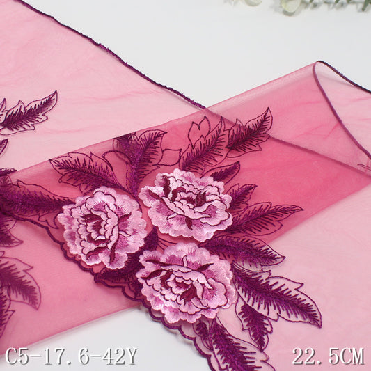 【1pack】-freedombeauty|Rose Red Single-Sided Textured Vintage Flower Mesh Embroidery Curtain Sofa Cushion Lace Trim DIY Accessories