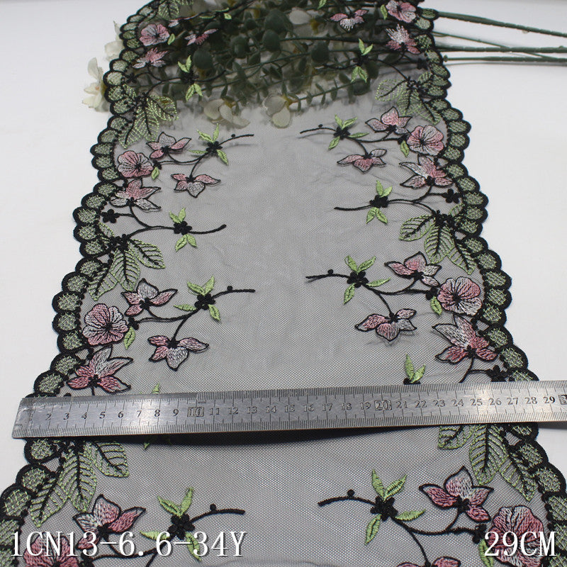 【1pack】-freedombeauty|Black Vintage Early Spring Double Wave Color Block Floral Leaf Embroidery Trim 29cm Home Textile Curtain Tablecloth Accessories DIY